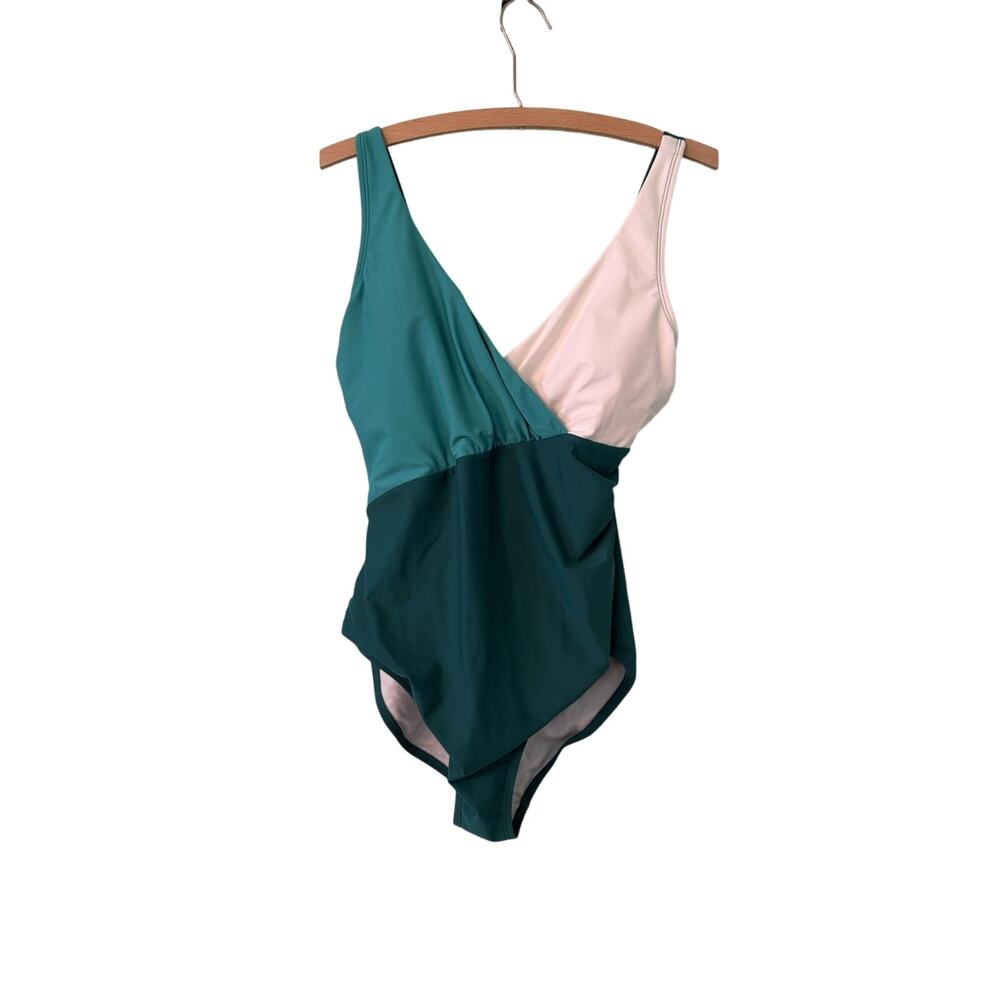 Women’s Large Green Color Block Full Coverage One Piece Swimsuit Shade&shore